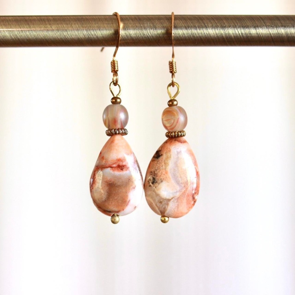 Handmade Peach Ocean Jasper Drop Earrings Boho Cottagecore Fairycore Bohemian